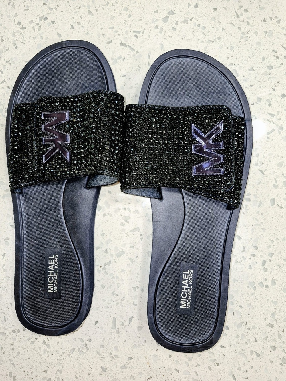 MICHAEL Michael Kors Black MK Crystal Slide Sandals size 9